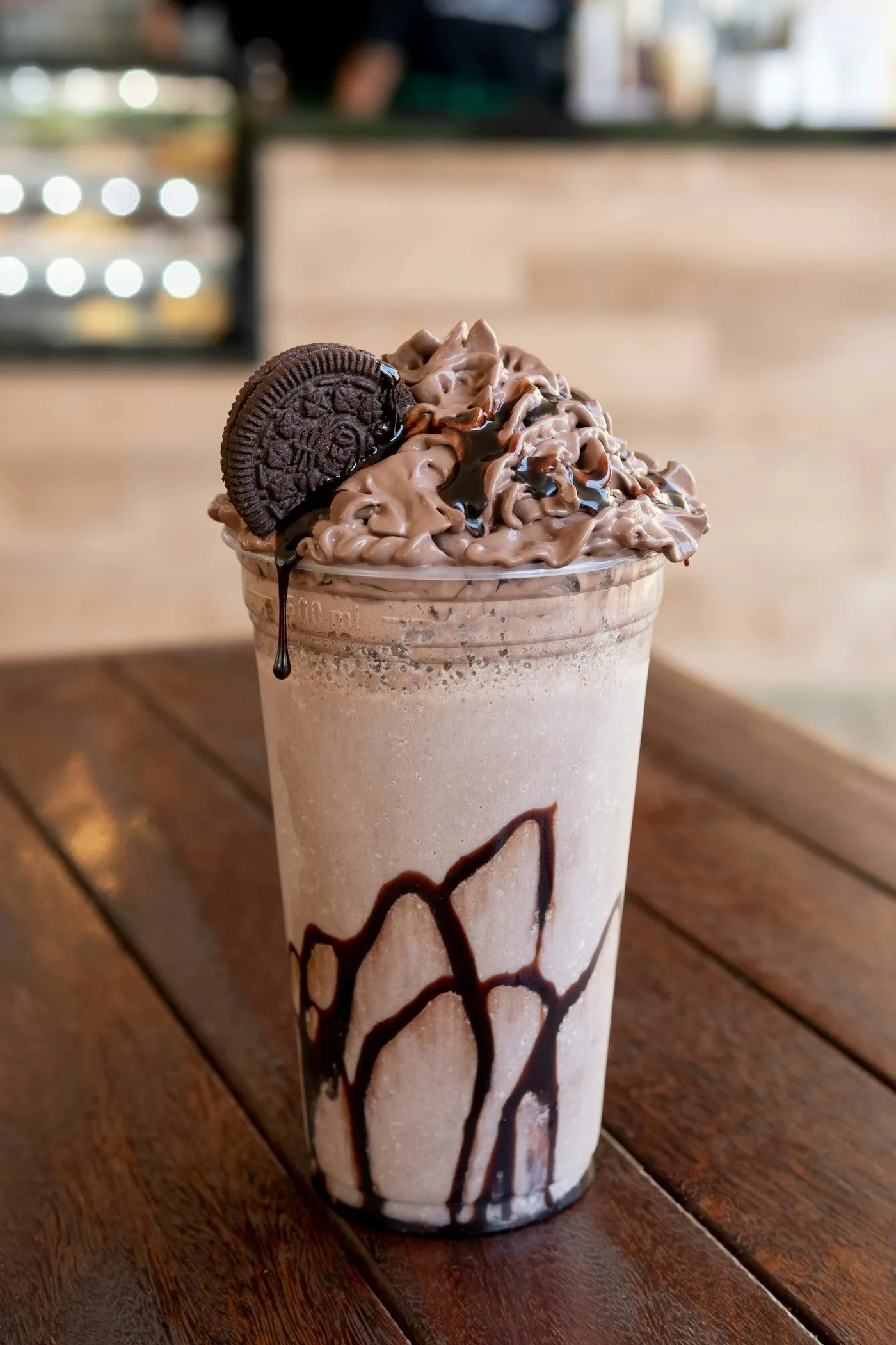 Chocolate cookie shake topped with whipped cream